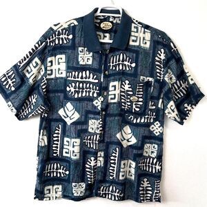 Tommy Bahama Men Hawaiian Aloha Shirt 100% Rayon Blue‎ Floral Large Palms Beach